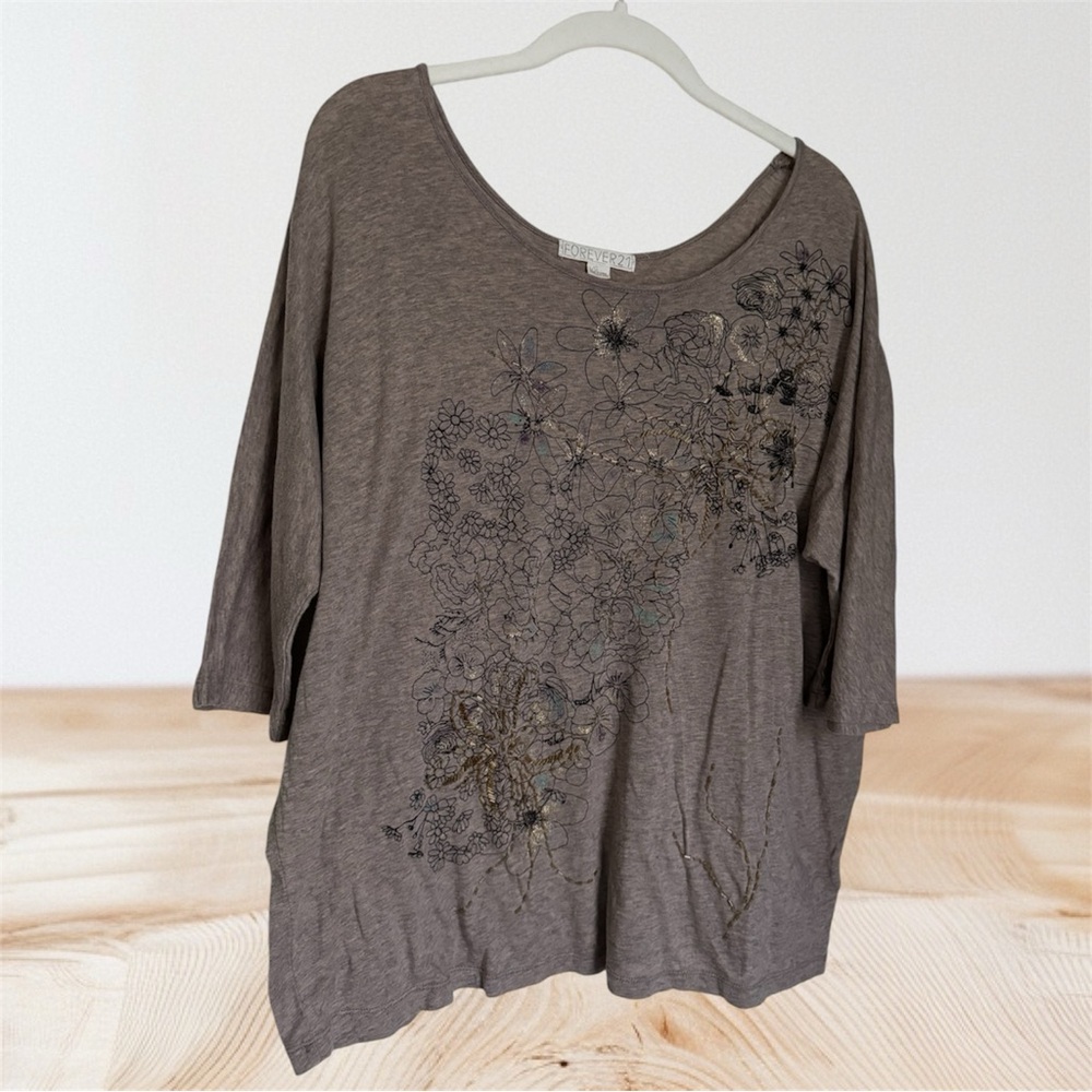 Forever 21 Brown Floral Embroidered Tee